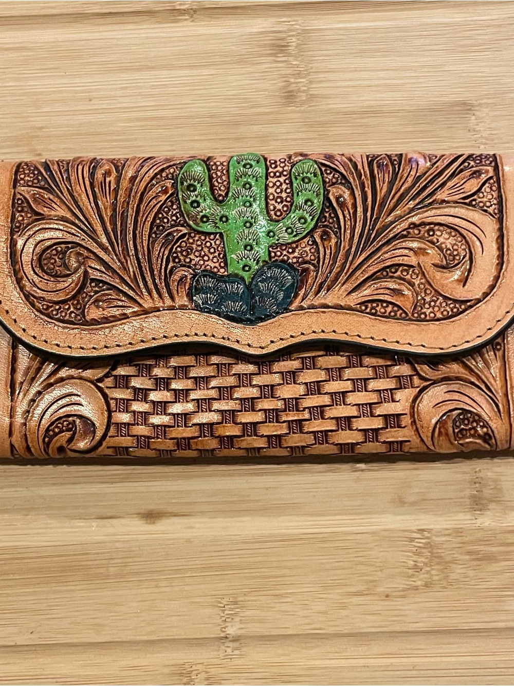 Hand-Tooled genuine Leather Wallet with Green Cactus Accent